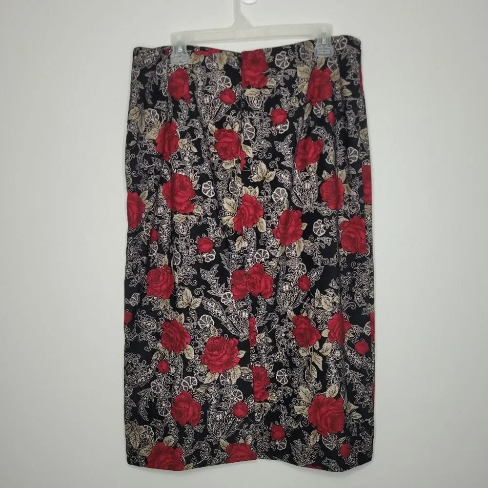 Vintage 90s black red rose floral print romantic vamp grunge skirt size 16p